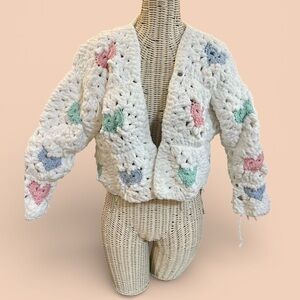 Handmade Chunky knit Heart Pattern Sweater Ragged Look Bohemian